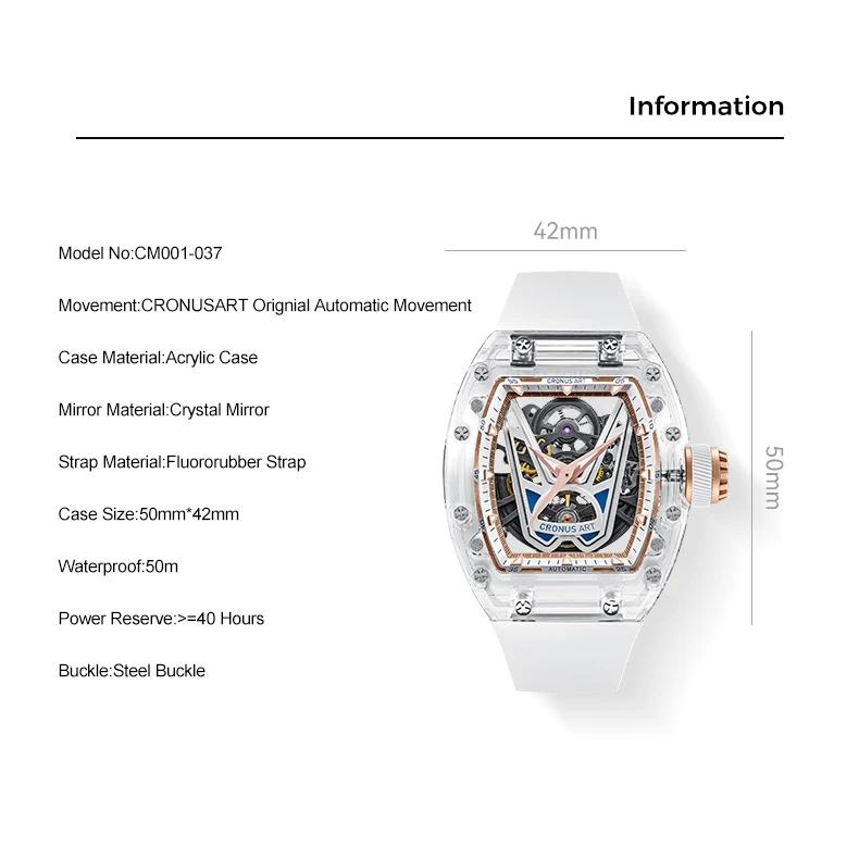 Cronusart relógio automático masculino 50mm luxo tonneau relógio de pulso mecânico caixa acrílica luminosa pulseira de borracha fluorada mostrador vitória