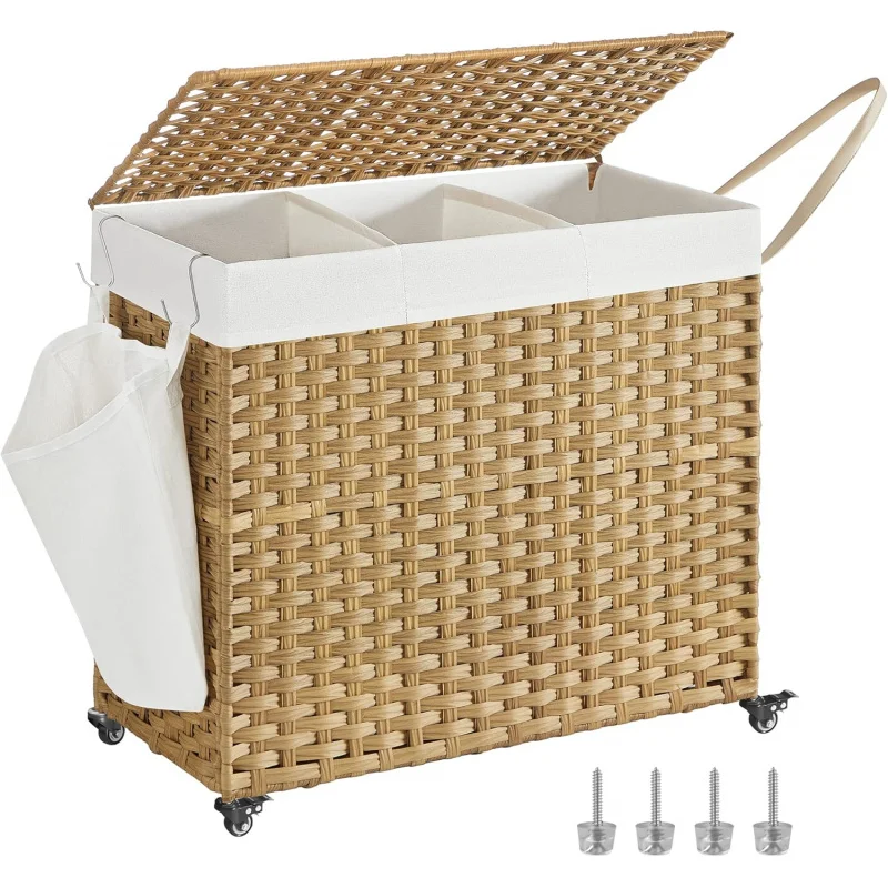 

Rolling Laundry Basket with Wheels, 3-Section Synthetic Rattan, Removable Liner