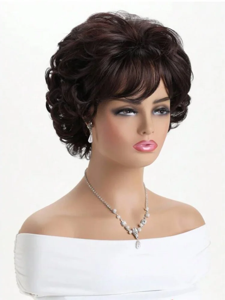Dark Brown Short Curly Wavy Wig with Hair Bangs 100% Imported Premium Synthetic Fashion Brown Hair Wigs for Women (Brown)