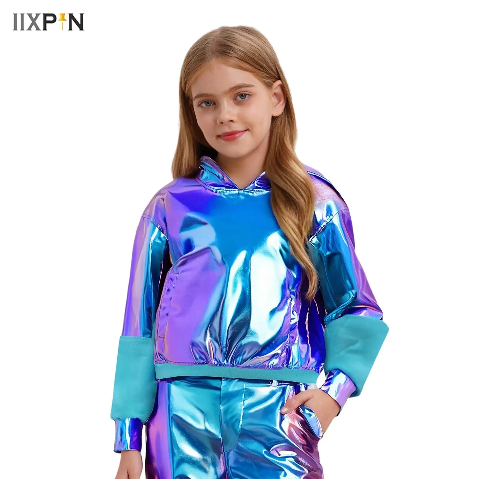 

Kids Boys Girls Metallic Hoodie Hip-hop Jazz Street Dance Top Long Sleeve Shiny Hooded Pullover Sweatshirt for Stage Performance
