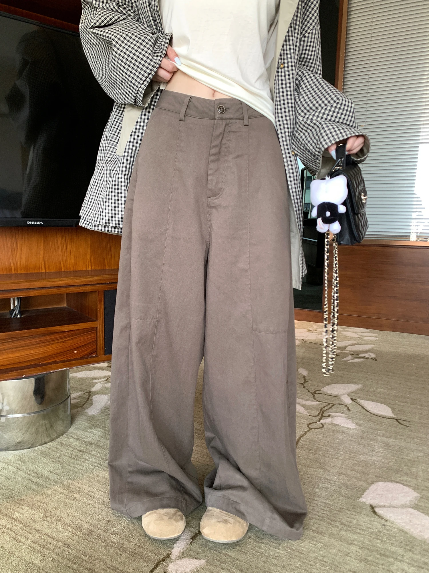 

Свободные брюки с широкими штанинами для женщин, повседневные, свободного кроя, в пол, удобные, прямого силуэта, с дизайнерским акцентом на С-образную линию, повседневные брюки