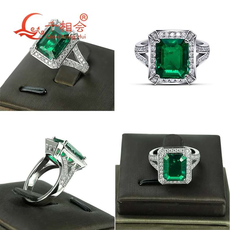 S925 Silver Green Color Emerald Ring 9x11MM Created Hydrothermal Muzo Emerald with Melee Moissanite for Wedding Jewelry - view 5
