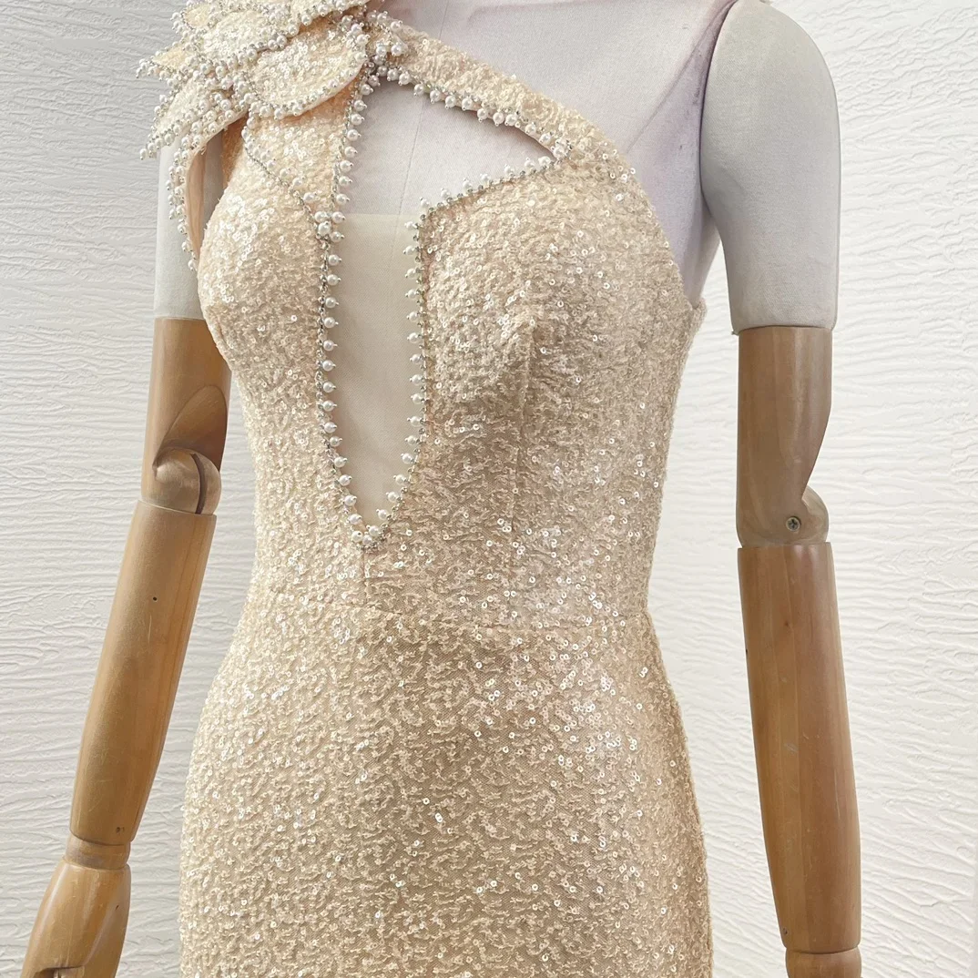 2024 New Good Quality Light Champagne Color Cut Out Sleeveless Appliqued Sequined Diamonds Women Maxi Dress for Party