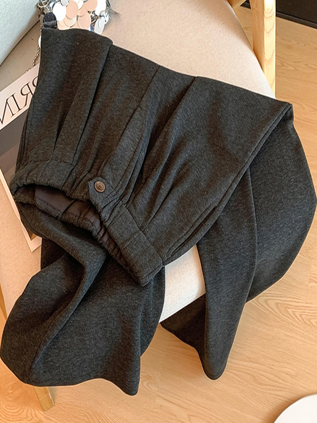 

High Waist Fce Lined Wide Leg Pants Women's Winter Thiened Warm Pleated Pants Commute Sle Korean Version Asymmetric Pu...