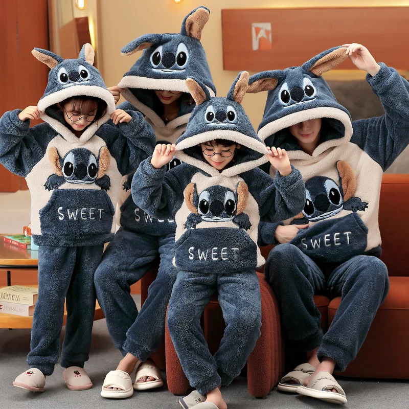 

Stitch Cartoon Children Pajamas for Autumn Winter Thicken Warm Suitable External Wear Parent-Child Hooded Set Family Home Wear