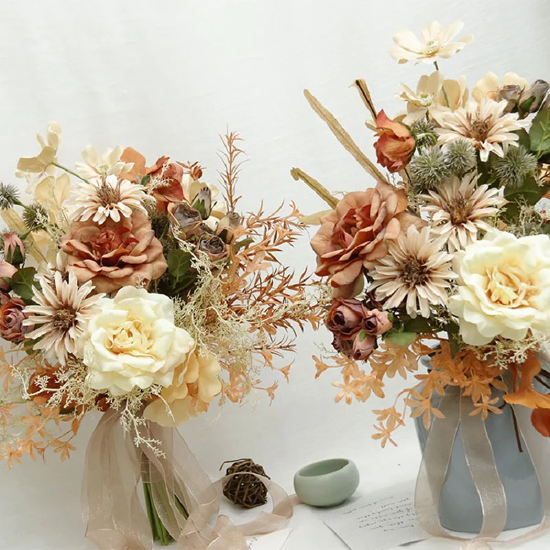 

Home Floral Commercial Event Wedding Floral Caramel Color Simulation Flower Bundle Bride Holding Flowers 561