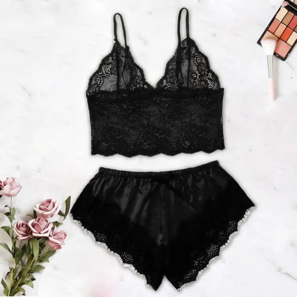 Women Pajama Suit Sext Satin Camisole Shorts Set V Neck Babydoll Lace Bowknot Pyjamas Sleep Shorts Set Sleepwear Lingerie 잠옷