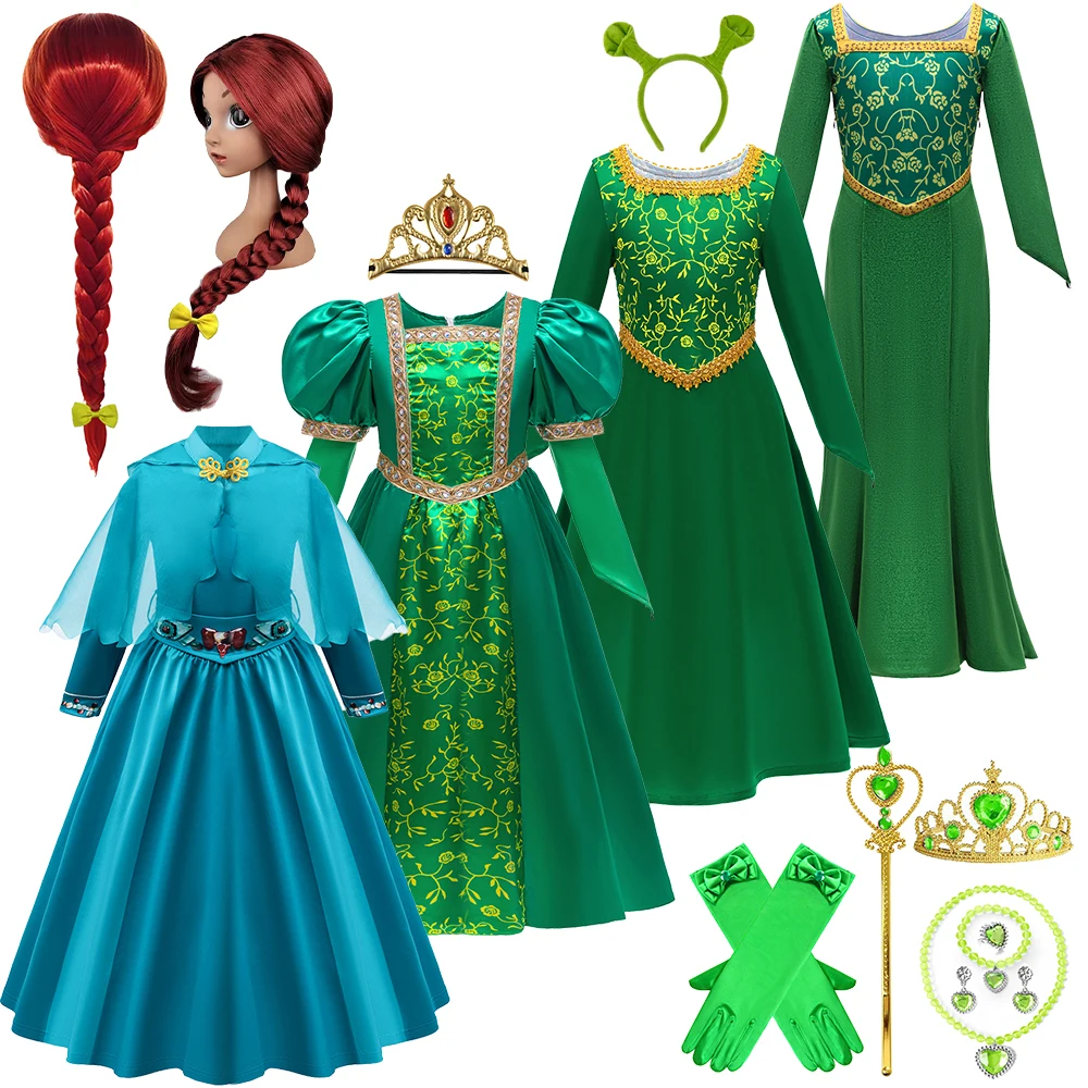 

New Halloween Carnival Festive Girls Princess Fiona Costume Wig Winter Green Vintage Long Dresses Girl outfits Christmas Clothes