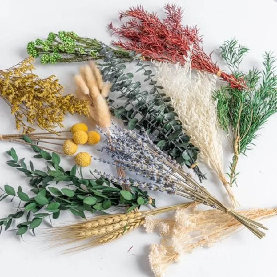 

DIY Natural Dried Flower Set, 12 Kinds Bulk Dried Flowers Including Eucalyptus, Lavender, Wheat, Bunny Tails, Billy Ball, for H