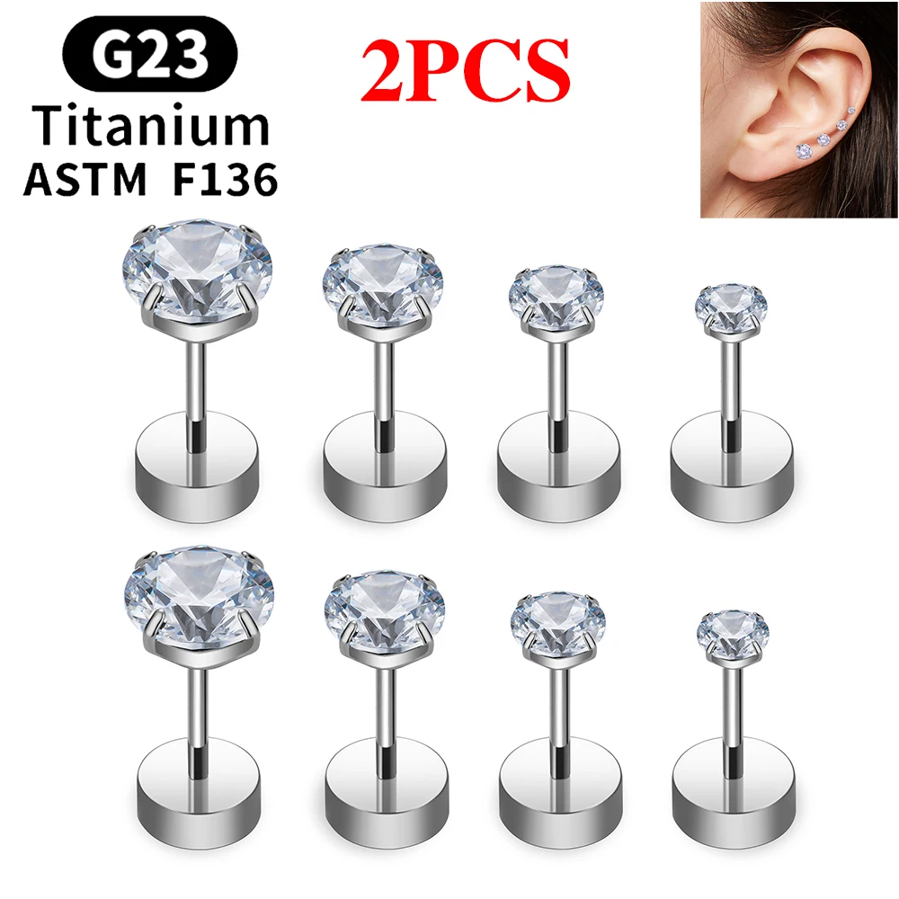 

2PCS G23 Titanium Piercing Studs Earrings For Women 4 Prong 20G Round Cubic Zirconia Ear Tragus Cartilage Pierc Jewelry