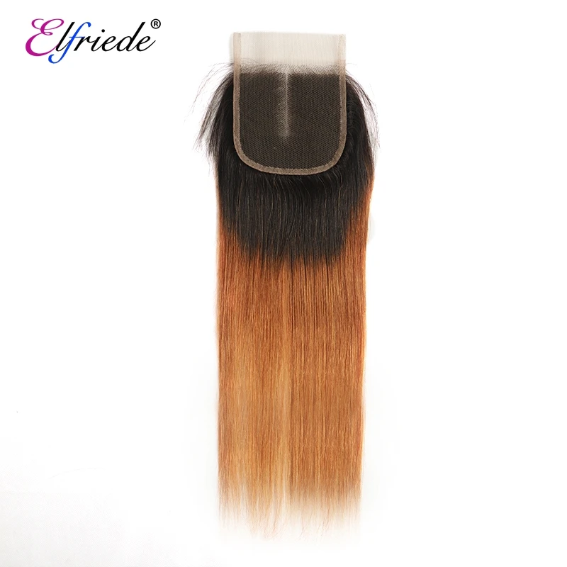 Elfriede T1B/30 Straight Ombre Color Hair Bundles with Closure Brazilian 100% Human Hair Weave 3 Bundles with Lace Closure 4x4