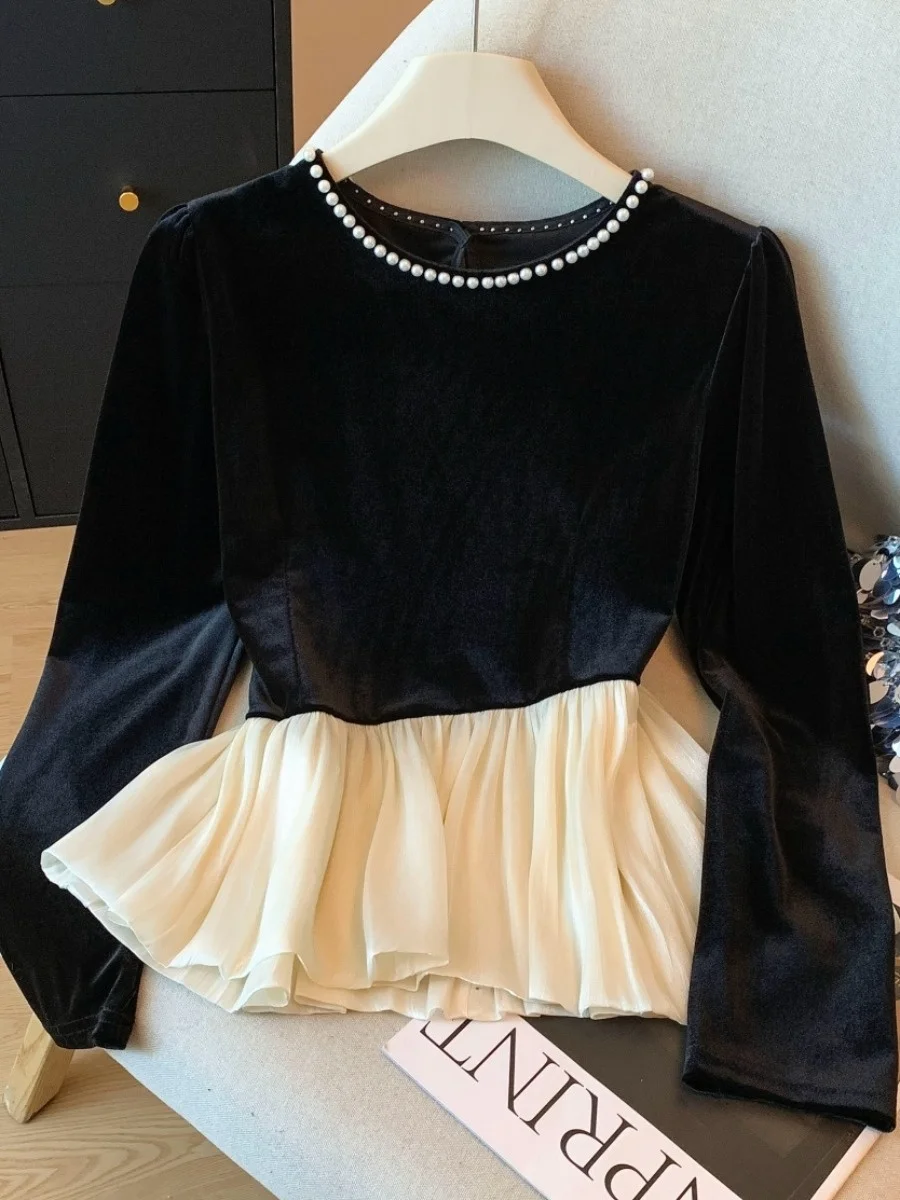 

Heavy Embellied Velvet irt Women's Autumn Winter Original Design Slim Fit Sequin Patchwork Color Blo Loose Hem Top