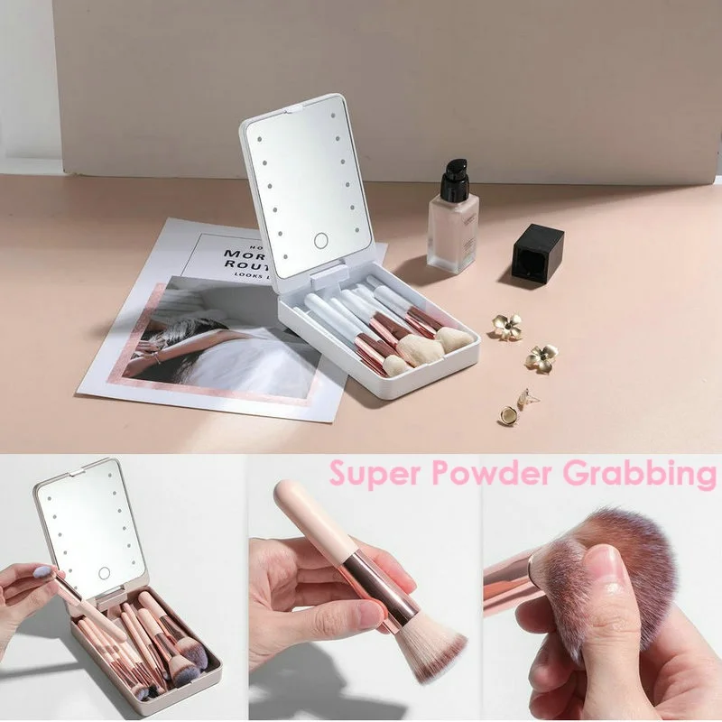 14 pièces pinceaux de maquillage ombres à paupières ensemble de maquillage avec Mini miroir LED, miroir cosmétique avec éclairage organisateur de pinceaux cosmétiques