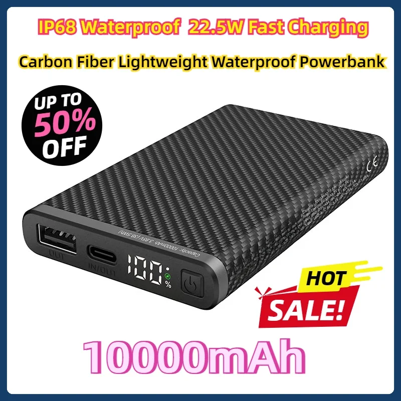 10000mAh Capacity IP68 Waterproof 22.5W Fast Charging Type-C/Type-A Carbon Fiber Lightweight Waterproof Powerbank