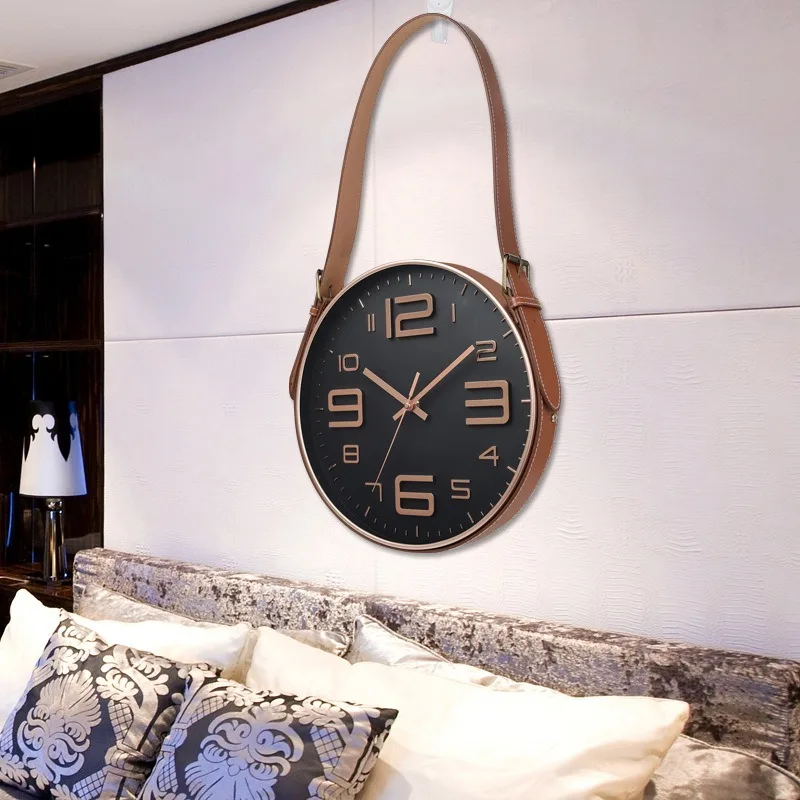 Creative Hanging Leather Belt Clock 12-inch Decorative Quartz Wall Clock Simple Wall Hangings Living Room Bedroom Silent Watch