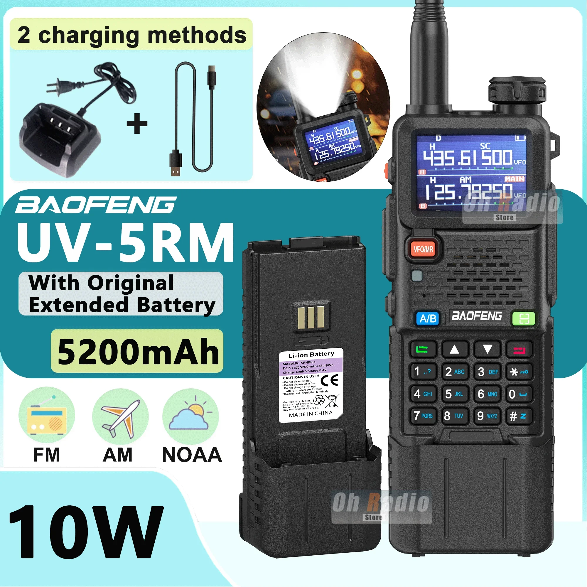 

Baofeng UV-5RM Walkie Talkie 5200mAh Original Extended Battery Large Capacity Type-C Charger FM AM NOAA 5RM Long Range Ham Radio
