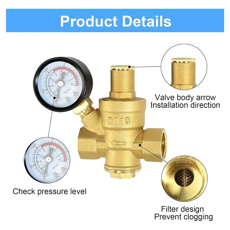 3X Water Pressure Regulator 1/2 Inch With Gauge, Hardness Brass, Adjustable Water Pressure Reducing Valve Water