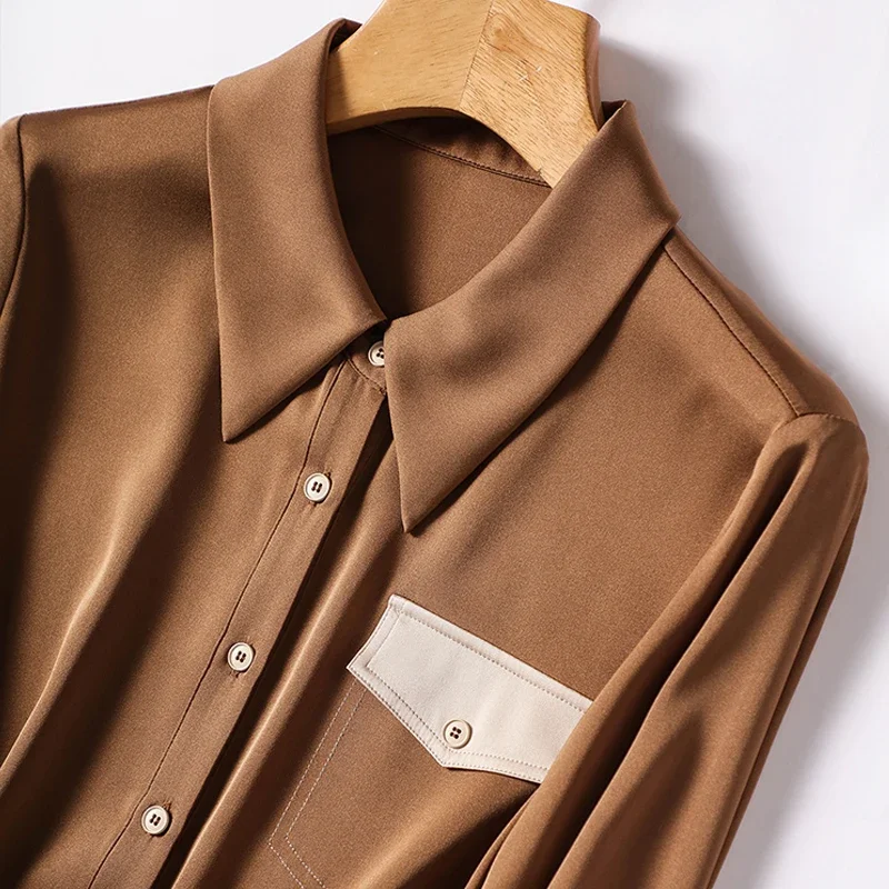 Vintage Solid Light Brown Elegant Silk Blouse Autumn Spring Long Sleeve Shirt Women Tops Turn Down Collar Satin Clothes 24394