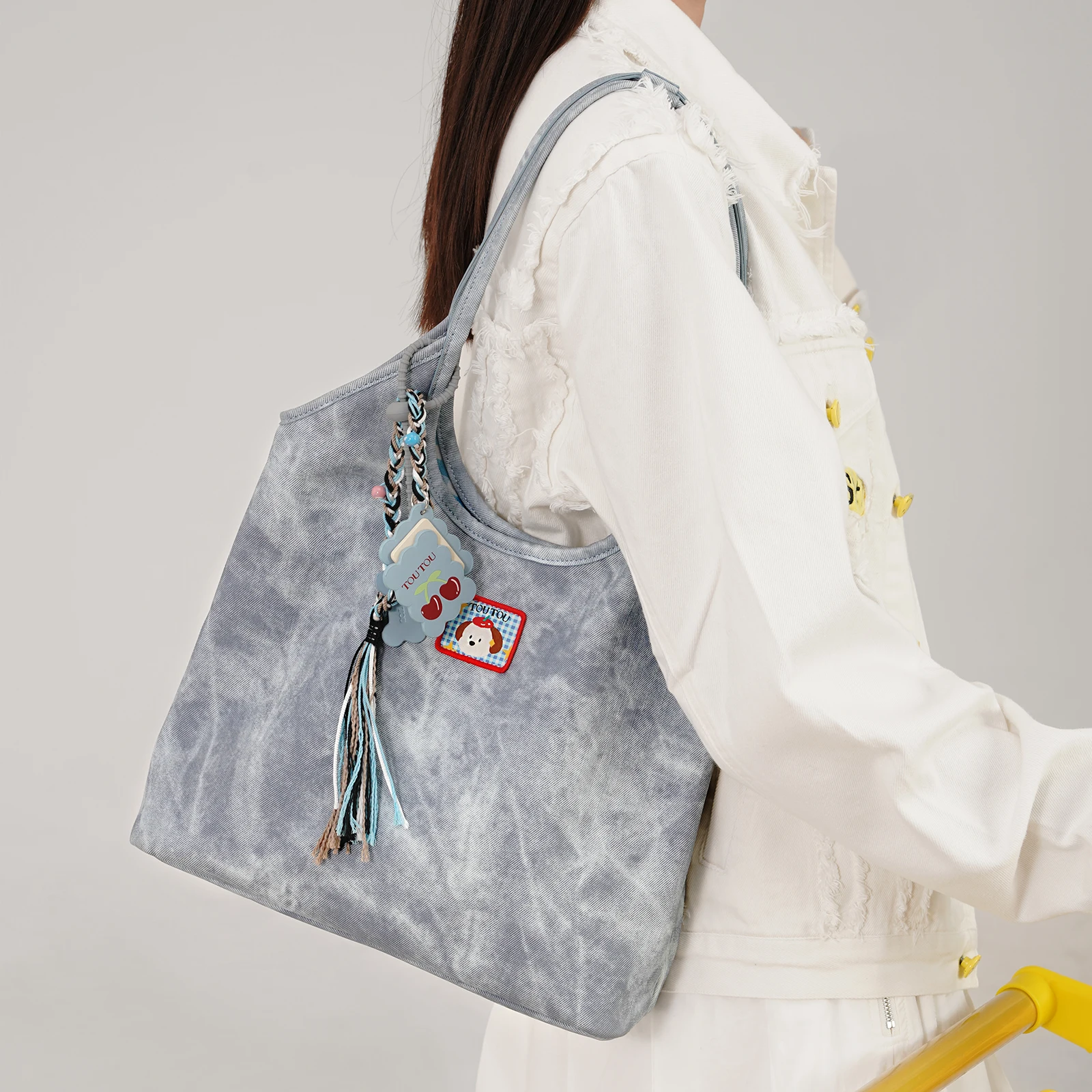 TOUTOU Large Capacity Tote Bag for Women Original Designer Brand Underarm Handbag Blue Shopper Single Shoulder Bag with Pendent