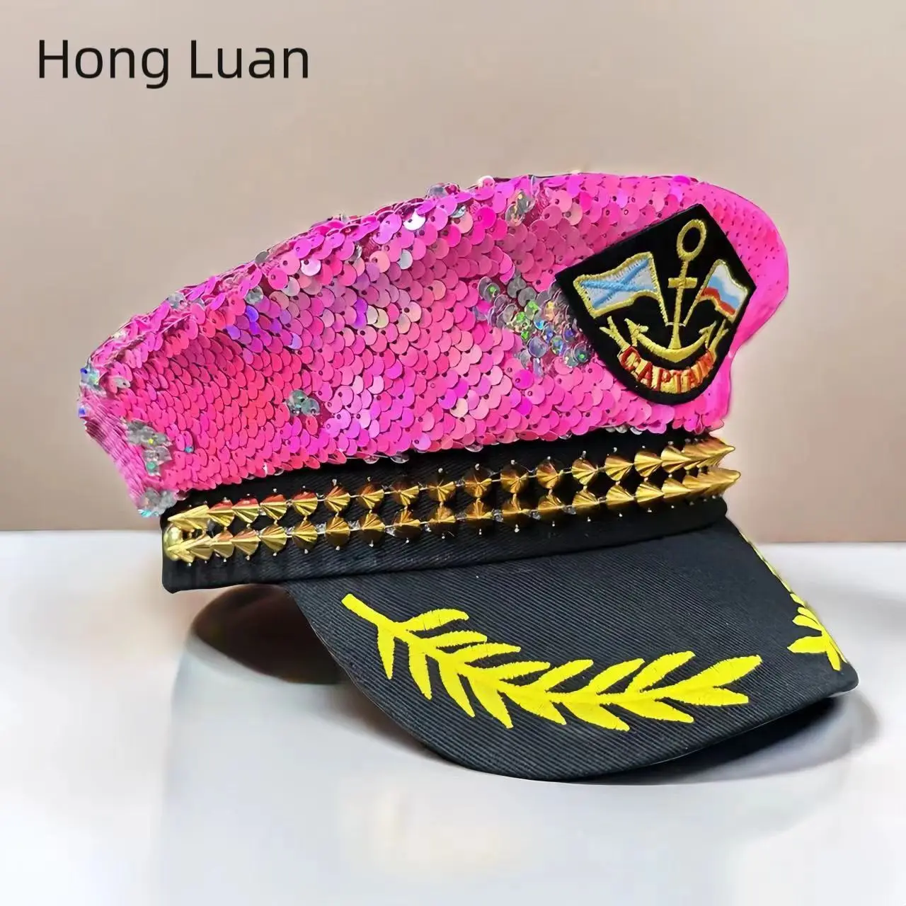 HongLuan Pink Steampunk Captain Hat Rhinestone for Burning Man Festival Woman, Rave Festivals Accessories ＆ Party Caps for Man