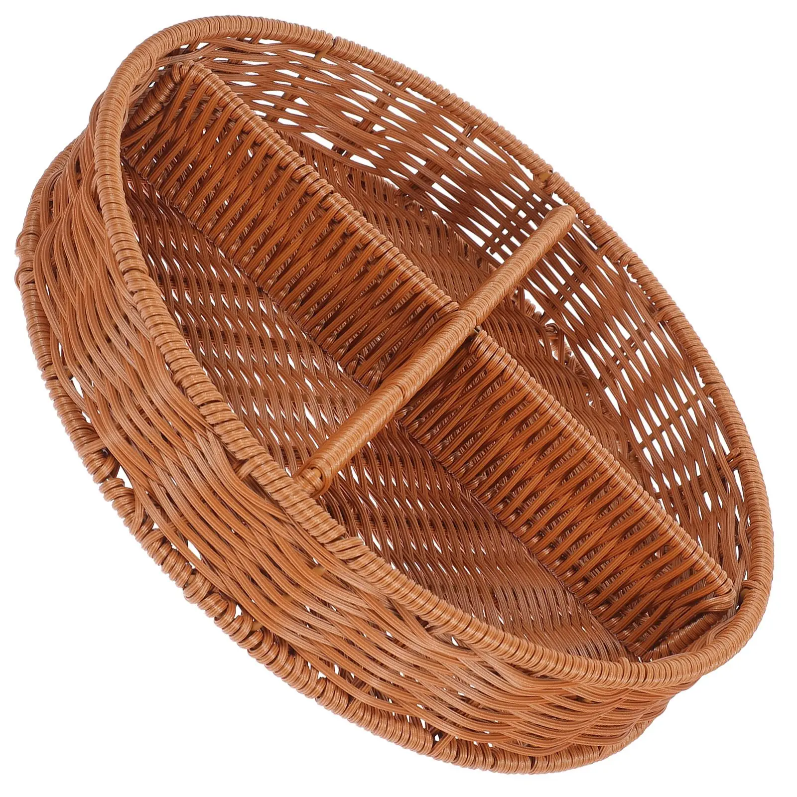 

Round Woven Basket Detachable Frame Handmade Storage Tray Fruit Snack Organizer Multipurpose Bread Container Rattan Plastic