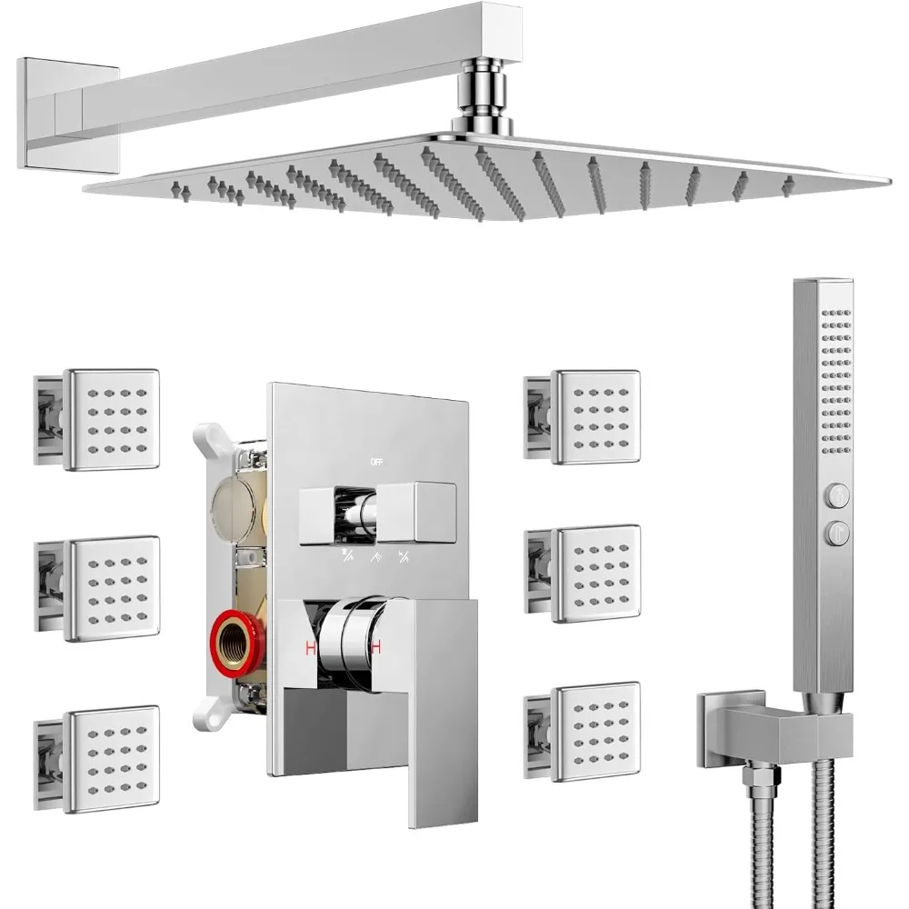 

In-Wall 12 Inch Rain Shower System with 6 Body Jets and Handheld Spray