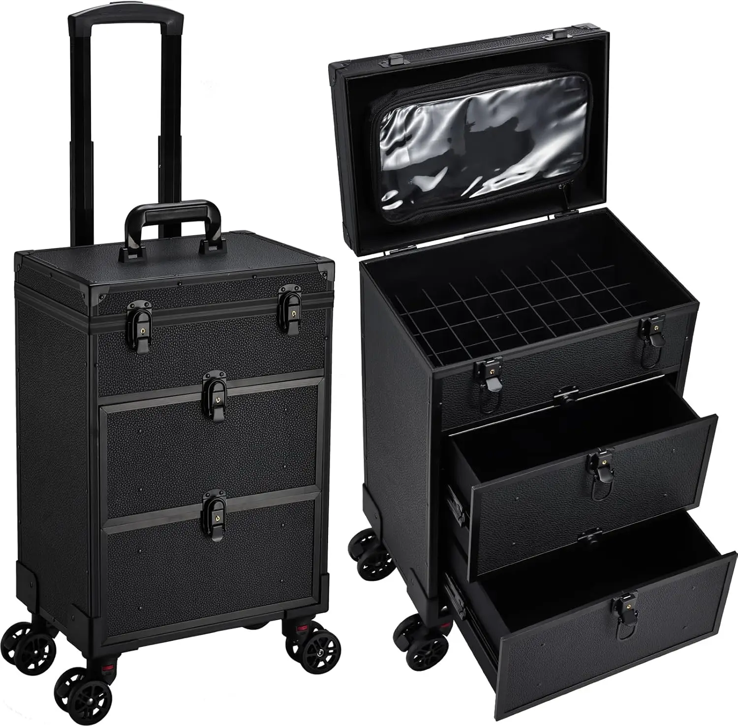 

Leather Rolling Makeup Train Case with Wheels 2 Drawers Professional Nail Organizer Case Pouch Cosmetology Salon Trunk
