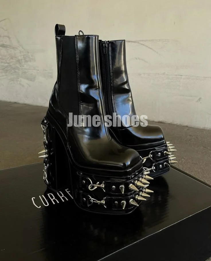 Lady Black Gothic Spike Square Toe Ankle Boots Runway New Arrive Mirror Pu Chunky Heel Metal Chain Boots Punk Style Cosplay Boot