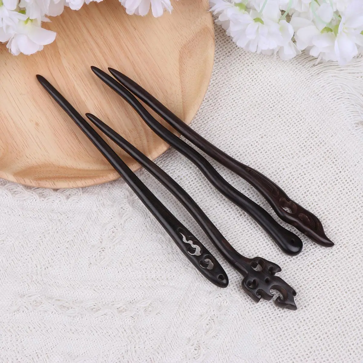 4 Vintage Black Sandalwood Hair Sticks Retro Bridal Accessories Traditional Chinese Style Unique Gift Elegant Decorative