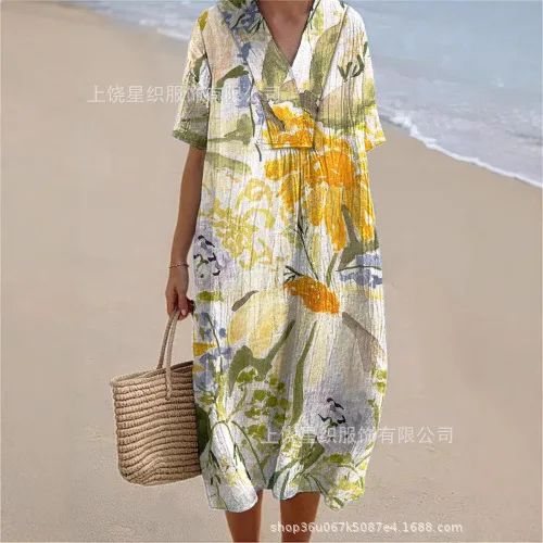 

Dress Women Dresses Short Sleeve V Neck Print Spliced Loose Beach Casual Ankle Length Dress 2025 Summer Slight Strech Vestidos