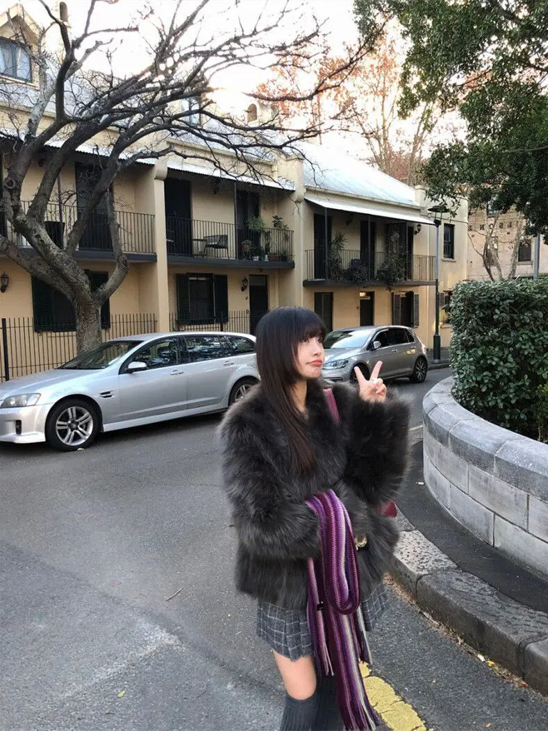 인조 모피 그린 코트 여성용 오버코트 스탠드업 스노우 걸 스트리트웨어 접이식 양면 스냅 여성용 사이드 스트리트 체크무늬 에모 트렌드