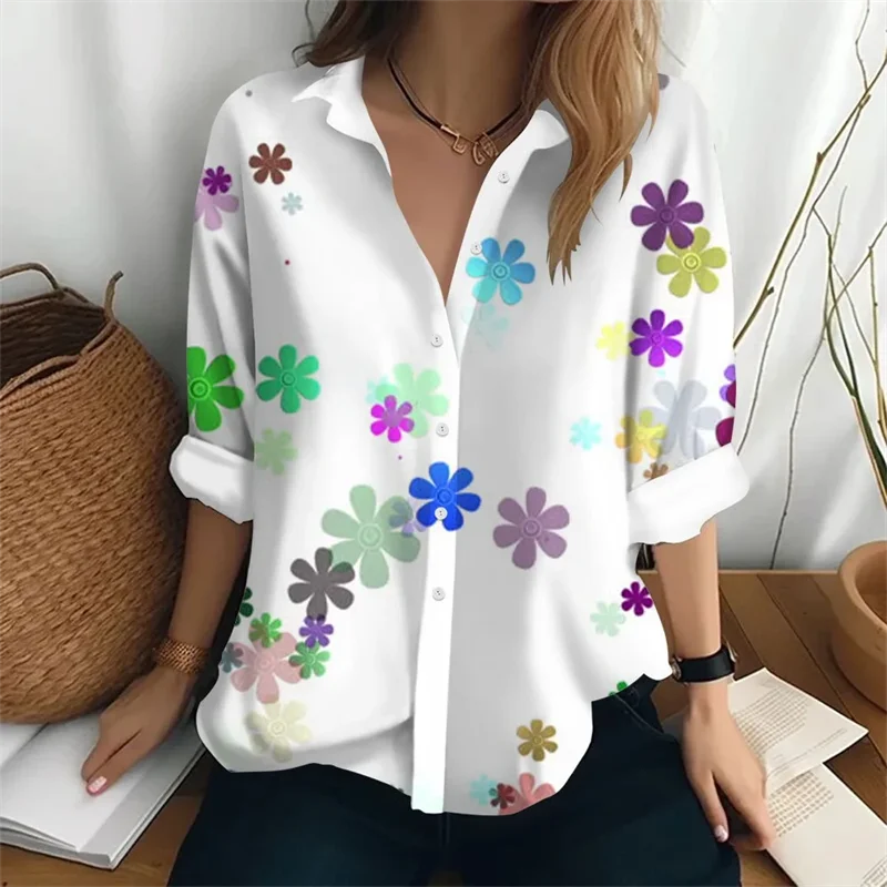 2024 New Women\'s Shirt Long Sleeve Flower Printed Collar Pocket Daily Beach Vacation Comfortable Top