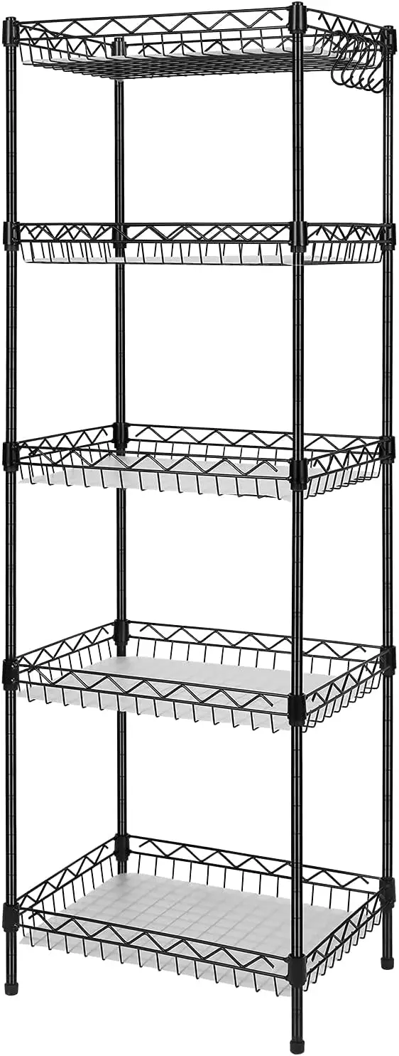 

5-Tier Adjustable Wire Shelving Unit with Baskets, Black, 11.8"D x 15.7"W x 63"H - Space-Saving Storage Rack for Home and Office