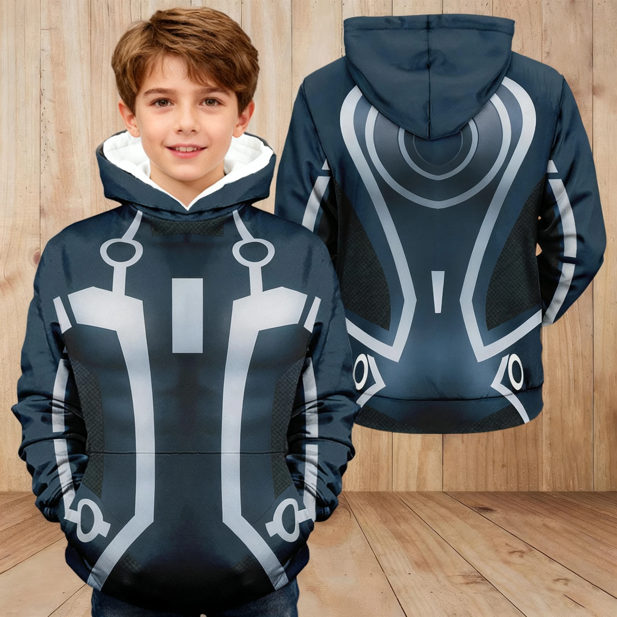 

Kids Autumn Winter Top, TRON Theme White Hoodie, Creative Circuit Pattern Print, Comfortable for Daily Wear So Cool
