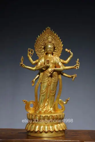 

Тибетская медная позолоченная 8 рук Avalokitesvara Kwan-Yin на Лотос престольная статуя 40 см