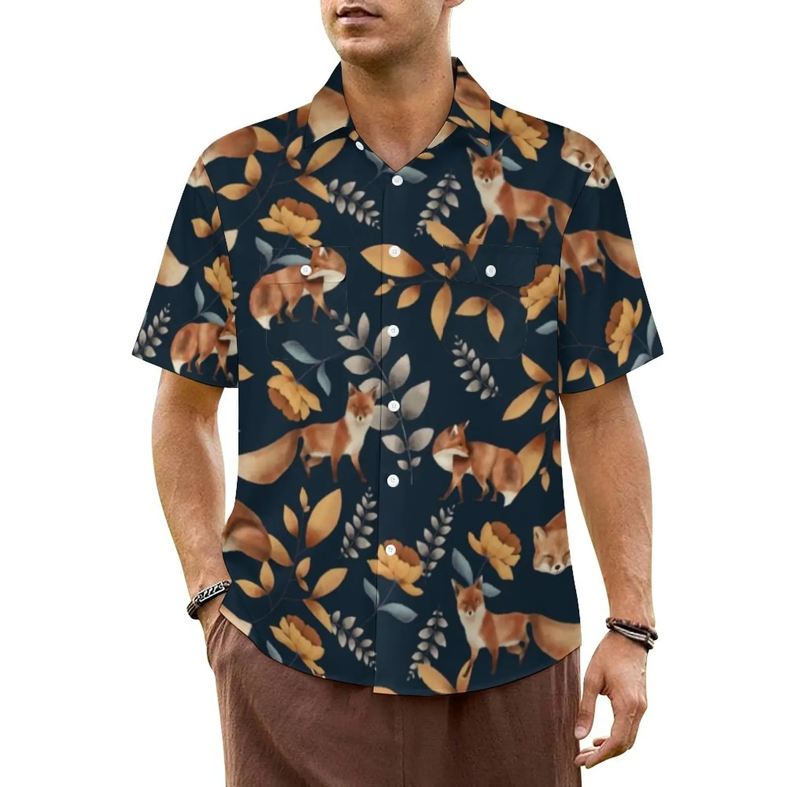 

Cute Fox Print Vacation Shirt Wild Animal Hawaiian Casual Shirts Male Novelty Blouses Short Sleeve Fashion Graphic Clothing