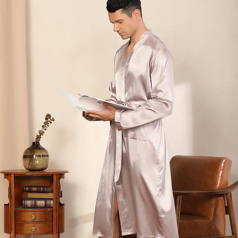 

Men Long Robe Homewear Satin Kimono Loose Nightgown Groom Cardigan Home Dressing Gown Bathrobe Gown with Belt Black Sleepwear