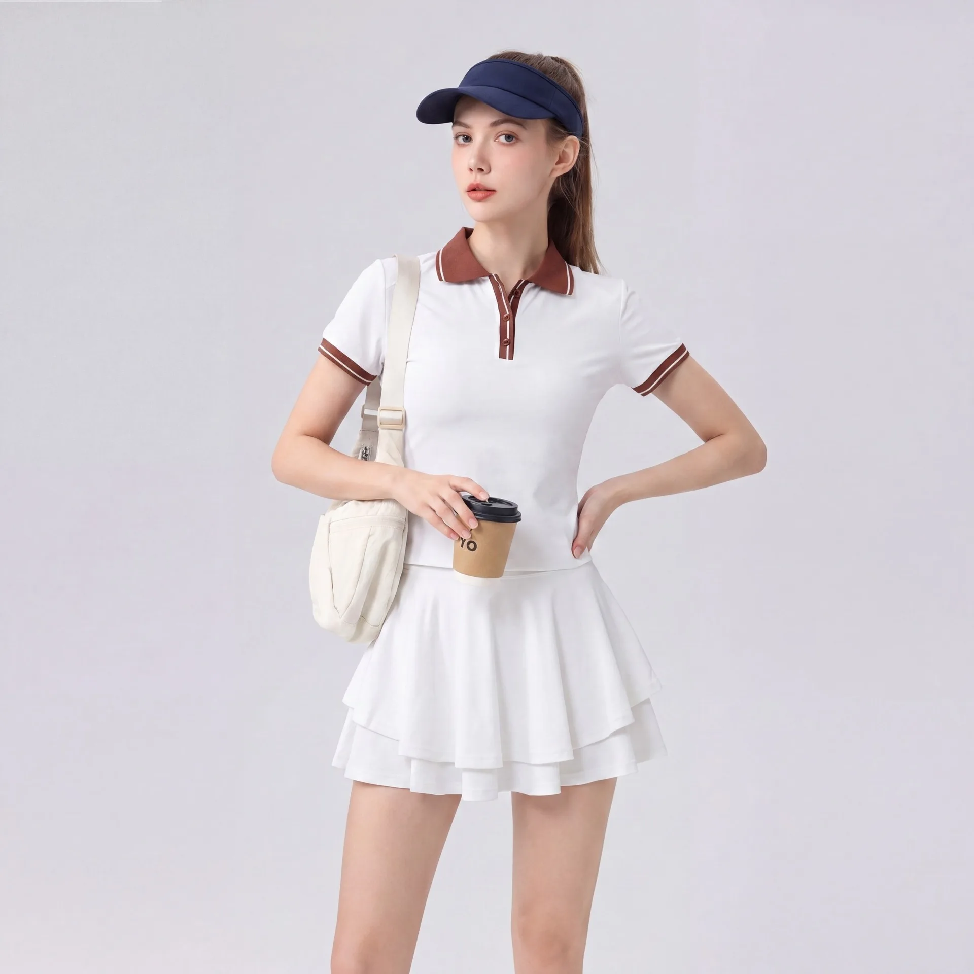 

Woman Yoga 2 Pieces Sets Polo Neck Short Sleeve T-shirt + High Waist Anti-emptied Skirt Sports Fitness Tennis Sets Ropa Mujer