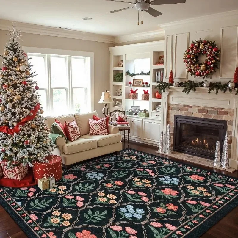 Living Room Carpet Non-slip Soft Machine-washable Floor Mat Black with Botanical Print Rug Large Size Home Decor Mats Ковер