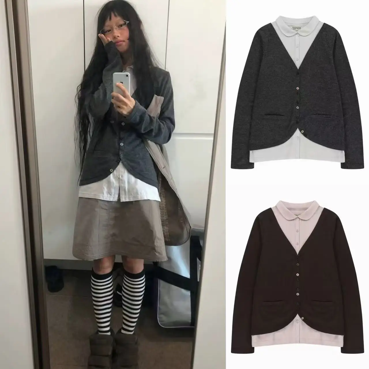 

Slimming V-Neck Knitted Cardigan Women's Fashion Bloggers Pasted Shirt Fake Two-Piece Long Sleeve Collar Spring Set