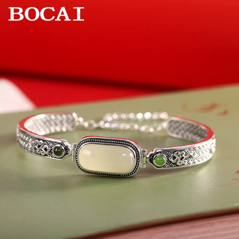 

Серебряный комплект BOCAI S925 с браслетом Hetian QingYu, винтажный тканый узор, модный браслет для женщин, подарок на день рождения, ювелирные изделия
