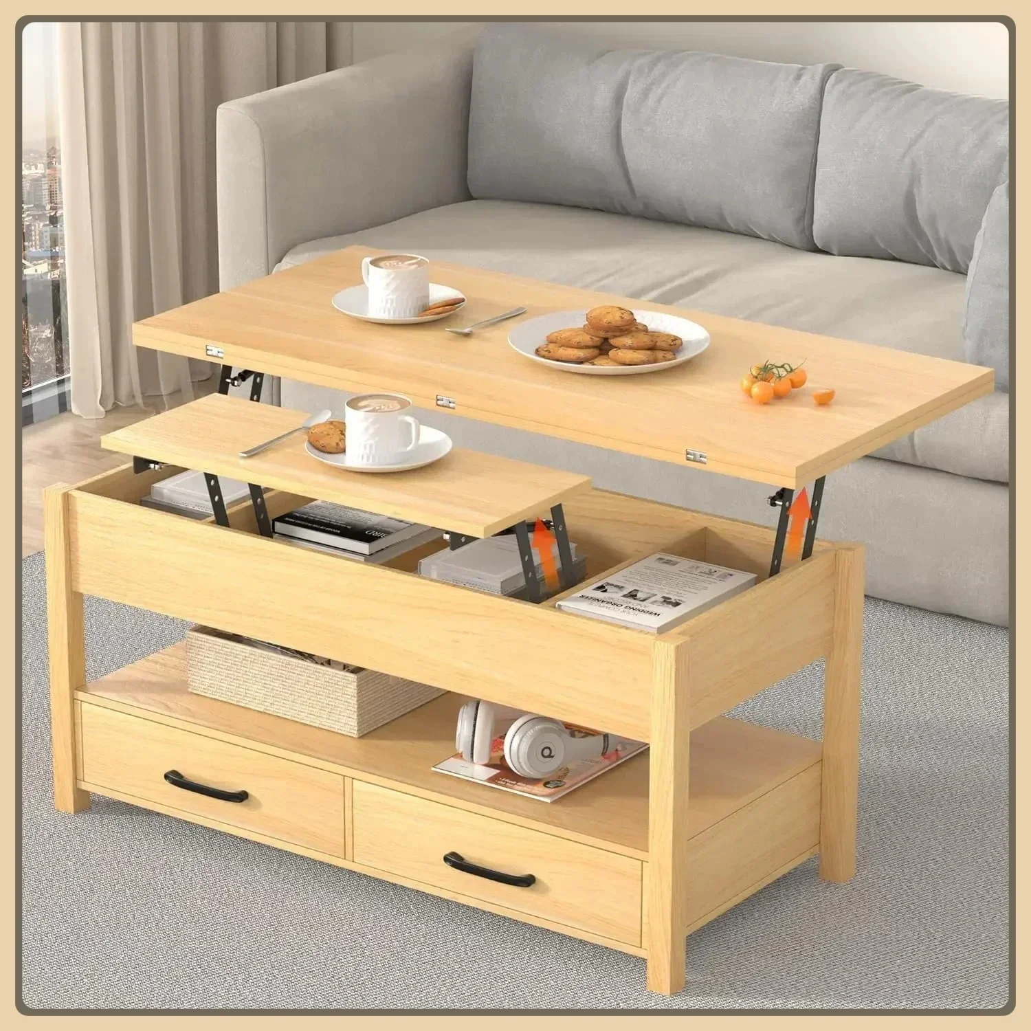 

Журнальный столик-трансформер с подъемной столешницей, 3-в-1, многофункциональный, с выдвижными ящиками и скрытыми отсеками, трансформируется в обеденный стол