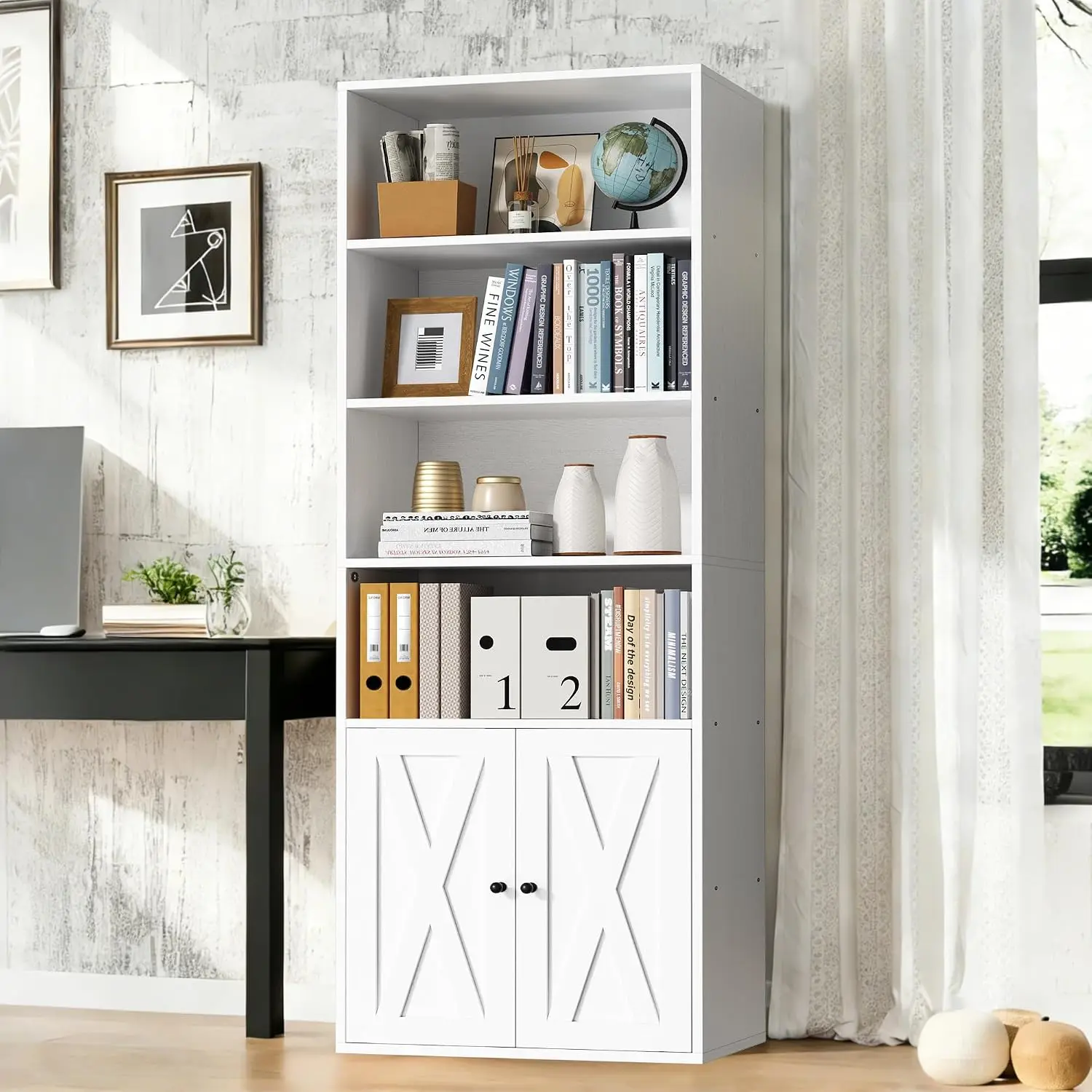 6-Tier Bookcase With Doors, Farmhouse Display Storage Shelf 71 Inch Wood Bookcase For Home Office Living Room, Customized