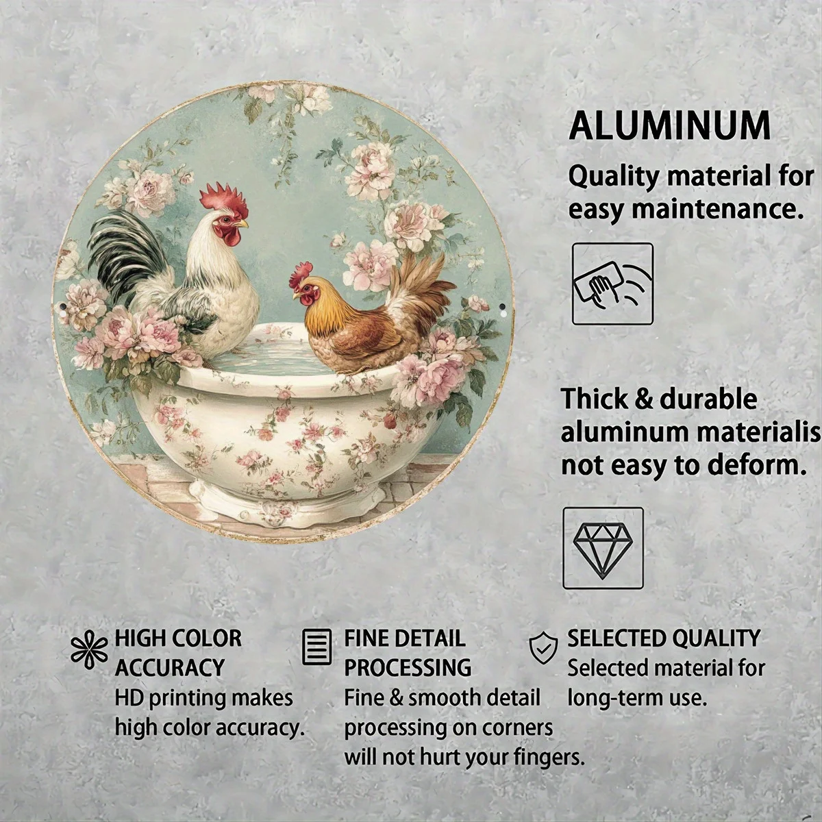 مسطح ثنائي الأبعاد، قطعة واحدة، لافتة فنية جدارية معدنية مستديرة على شكل دجاجة ساحرة مع تصميم زهور - ديكور منزلي من الألومنيوم مقاس 8 × 8 بوصة للمقهى، Apar