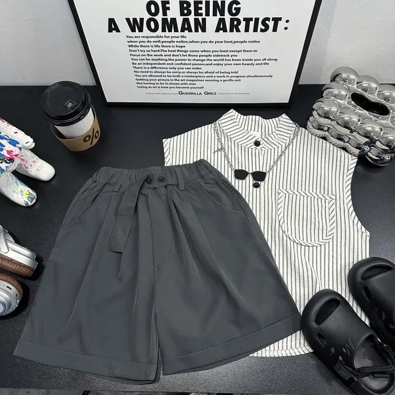 بدلة بدون أكمام ملابس أطفال أولادي طقم قمصان علوية ملابس للأولاد تي شيرت من 4 أطقم رجالية صيفية للأطفال شورت علوي #2