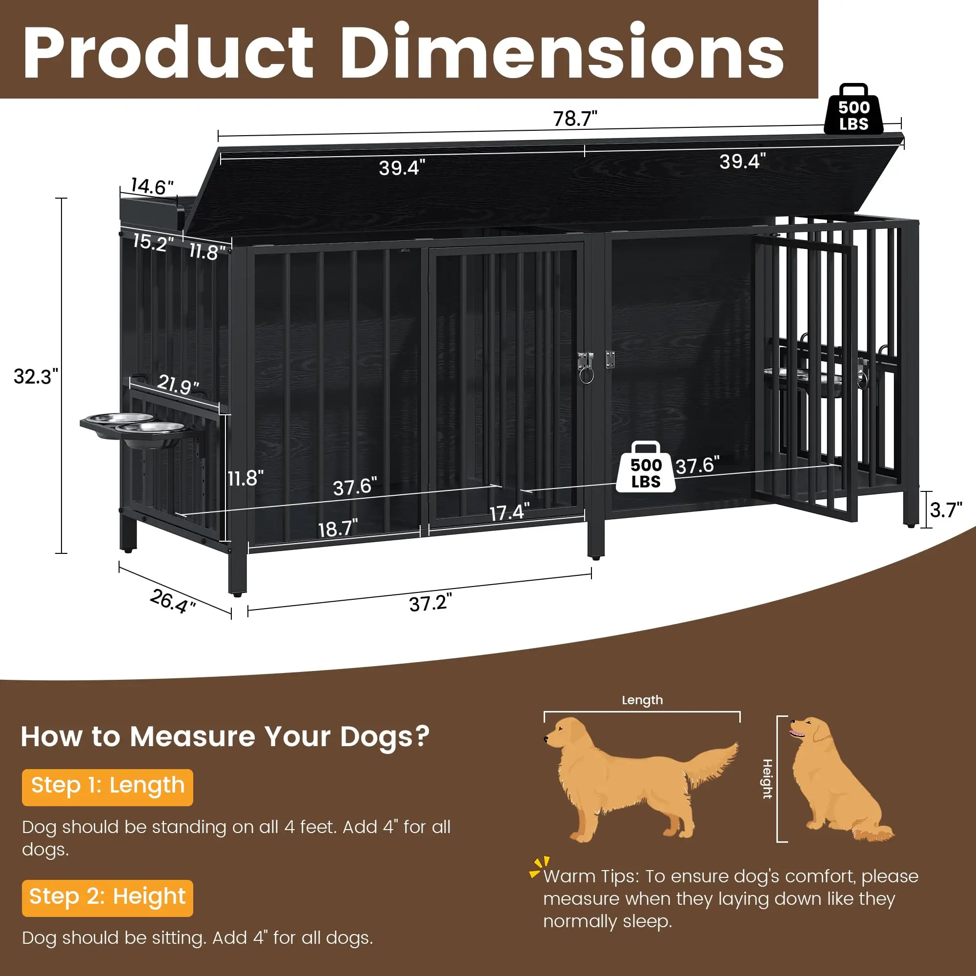 78 Inch Dog Crate, Large Dog Crate for 2 Dogs, Dog Kennel Indoor for Large/Medium Dogs with Top Access Door, XL Wooden