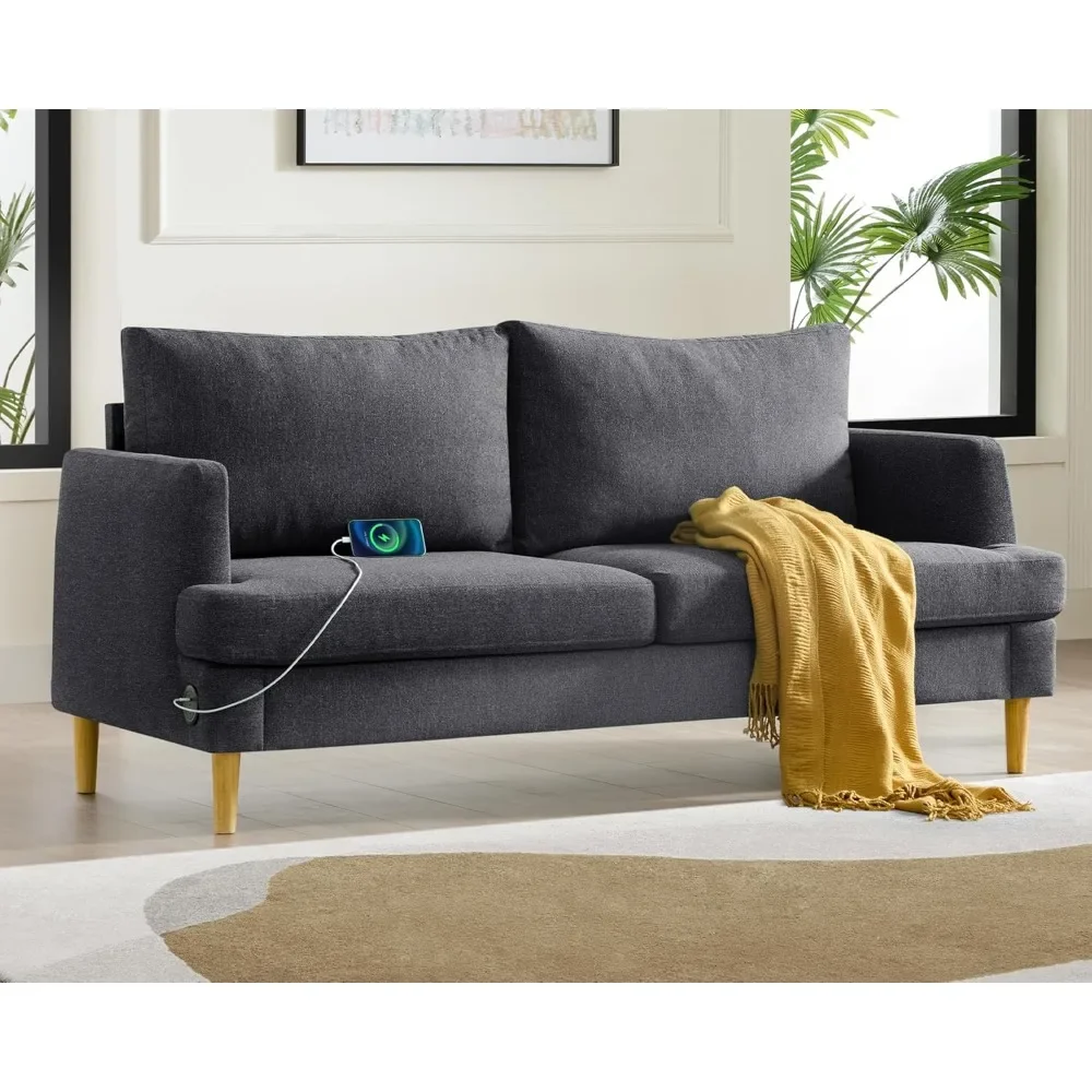 Dark Grey Sofa Bed Mid Century 2 Seat Upholstered Sofa Couch With USB Home Furniture Couch for Bedroom Small Space Apartment