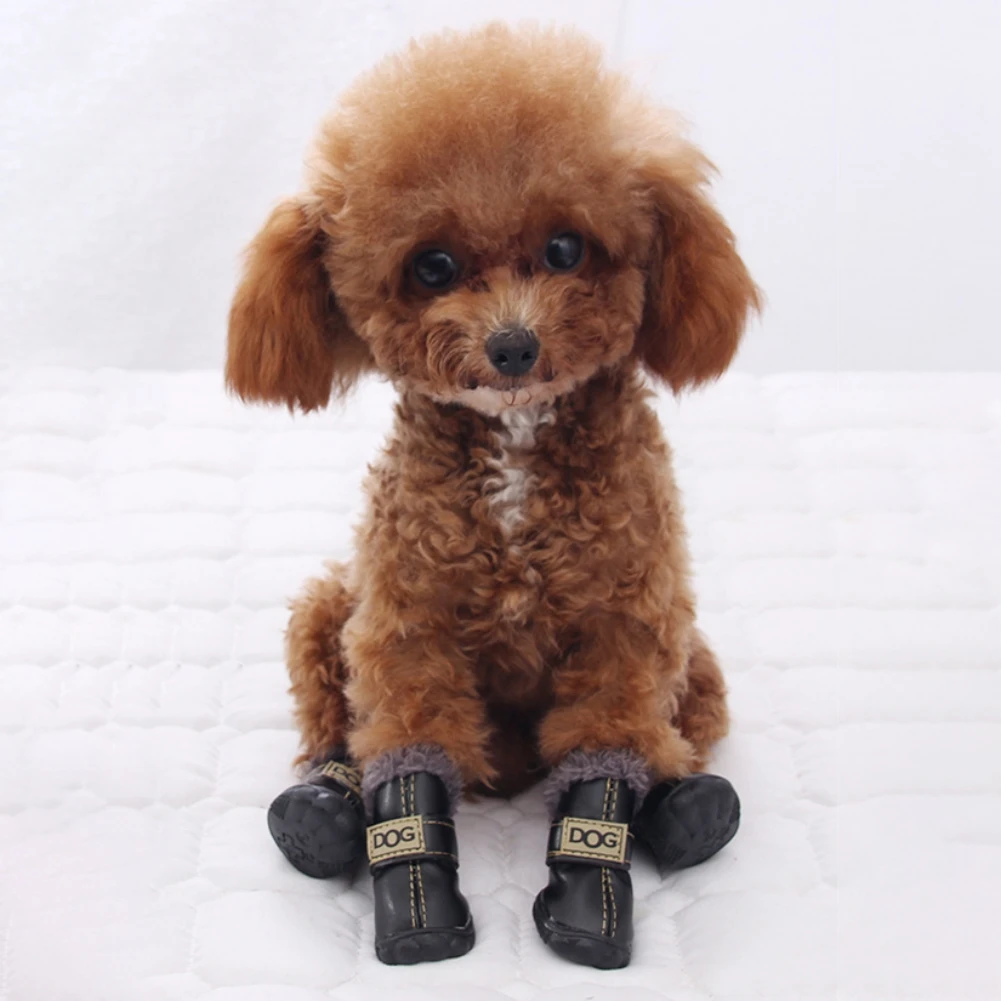 Dog Outdoor Shoes PU Leather Dog Boots with Plush Lining Anti-Slip Sole Running Shoes for Chihuahua Puppy Paw Protector