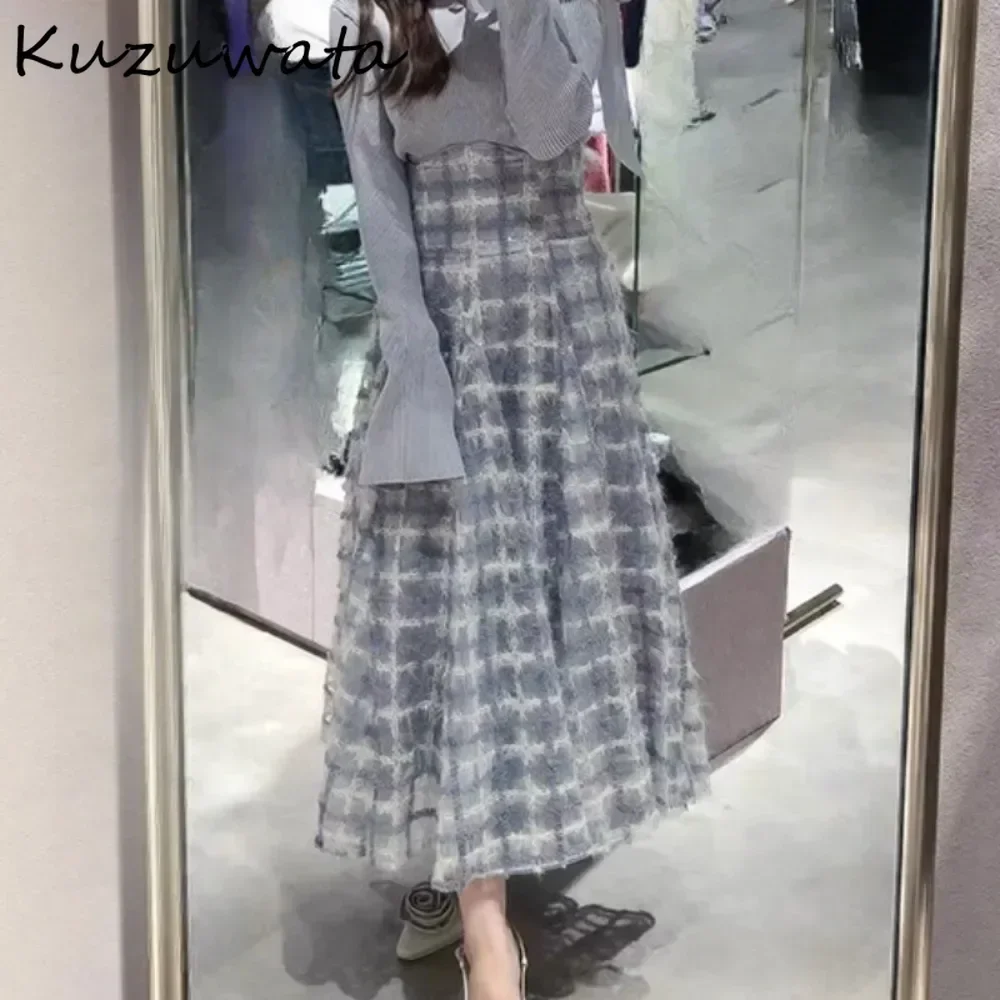 Kuzuwata Elegant High Waist Slim Lace Up Women Faldas Plaid All-match Ball Gown Panelled Skirt Japanese New Flash Luxury Falda