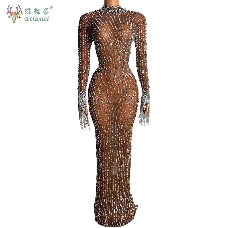 Sparkly Rhinestones Fringes Sleeves Inlaid Pearls Stretchy Dress Sexy Mesh Transparent Stage Gown Red Carpet Evening Dresses
